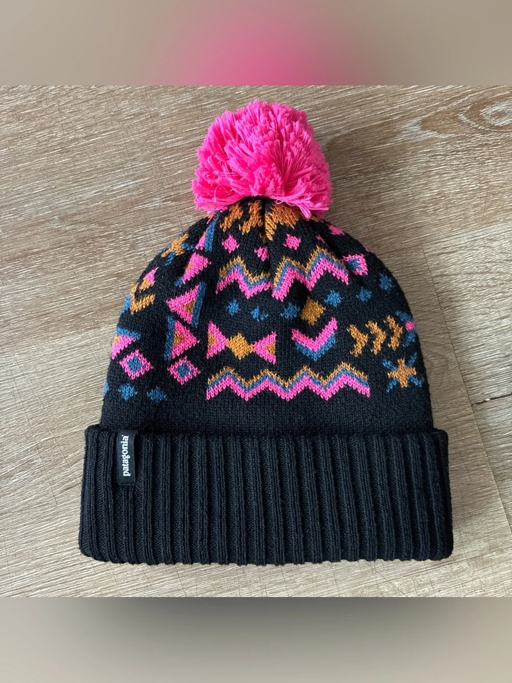 Patagonia Beanie Hat Cap Youth Pink Black Powder Town Pom Ski Ribbed Knit